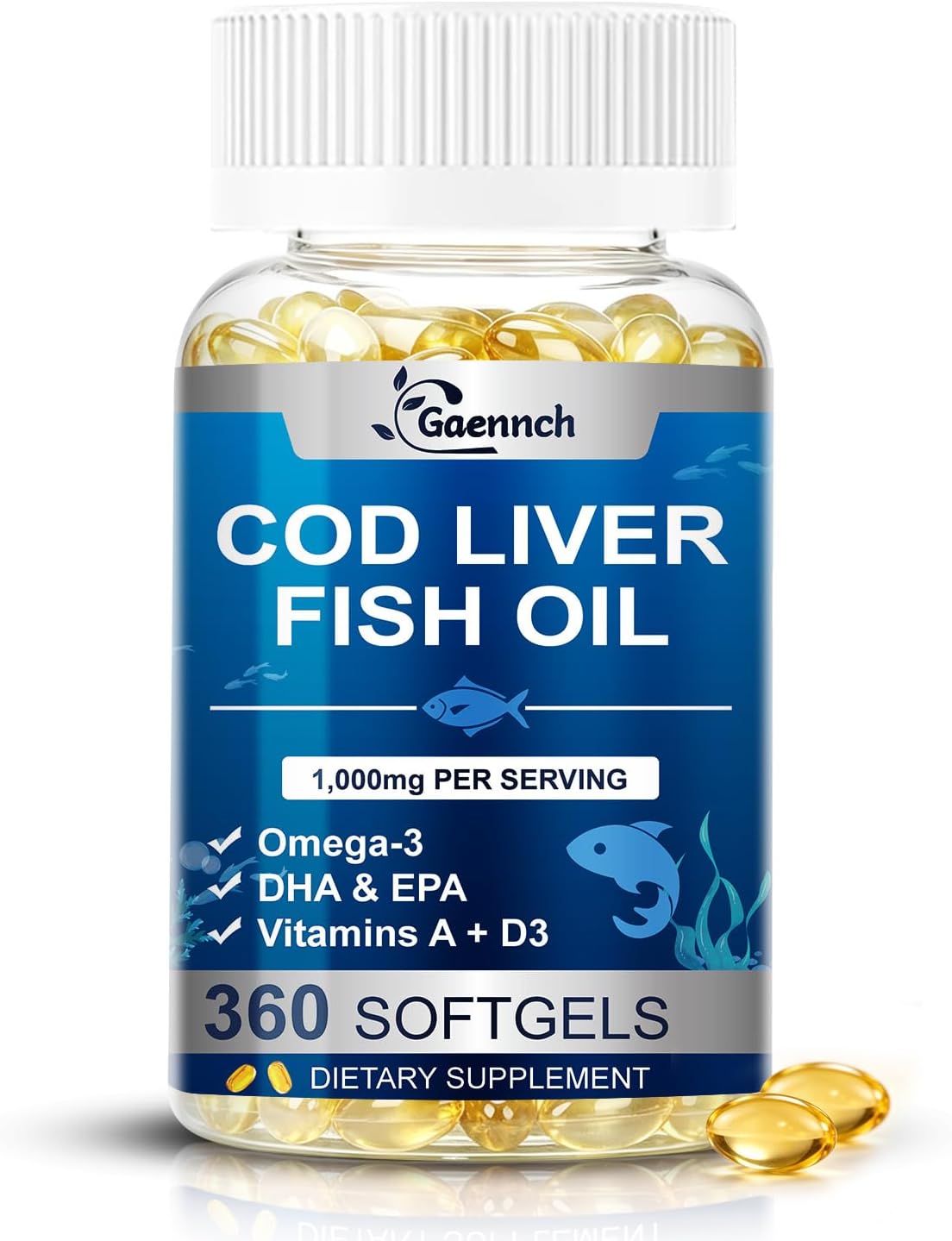 Cod Liver Oil 360 Softgels, 1,000mg Per Serving Wild-Caught Icelandic Cod | Omega 3, Vitamins A & D3, EPA, DHA | Cod Fish Oil Supplement Non-GMO, Third-Party Tested for Heart, Brain & Immune Support