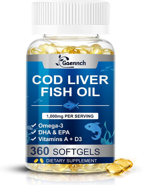 Cod Liver Oil 360 Softgels, 1,000mg Per Serving Wild-Caught Icelandic Cod | Omega 3, Vitamins A & D3, EPA, DHA | Cod Fish Oil Supplement Non-GMO, Third-Party Tested for Heart, Brain & Immune Support