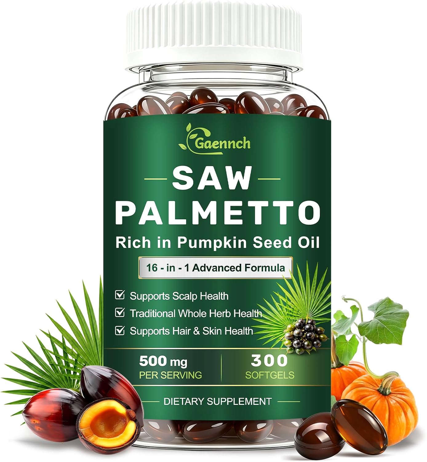 Saw Palmetto for Men with Pumpkin Seed Oil Prostate Health Supplement | 500mg Per Serving | 150 Count | 16 in 1 VitaminD3 B12 E A C, Zinc, Biotin, Iron,| Hair Growth & DHT Blocker for Women Men