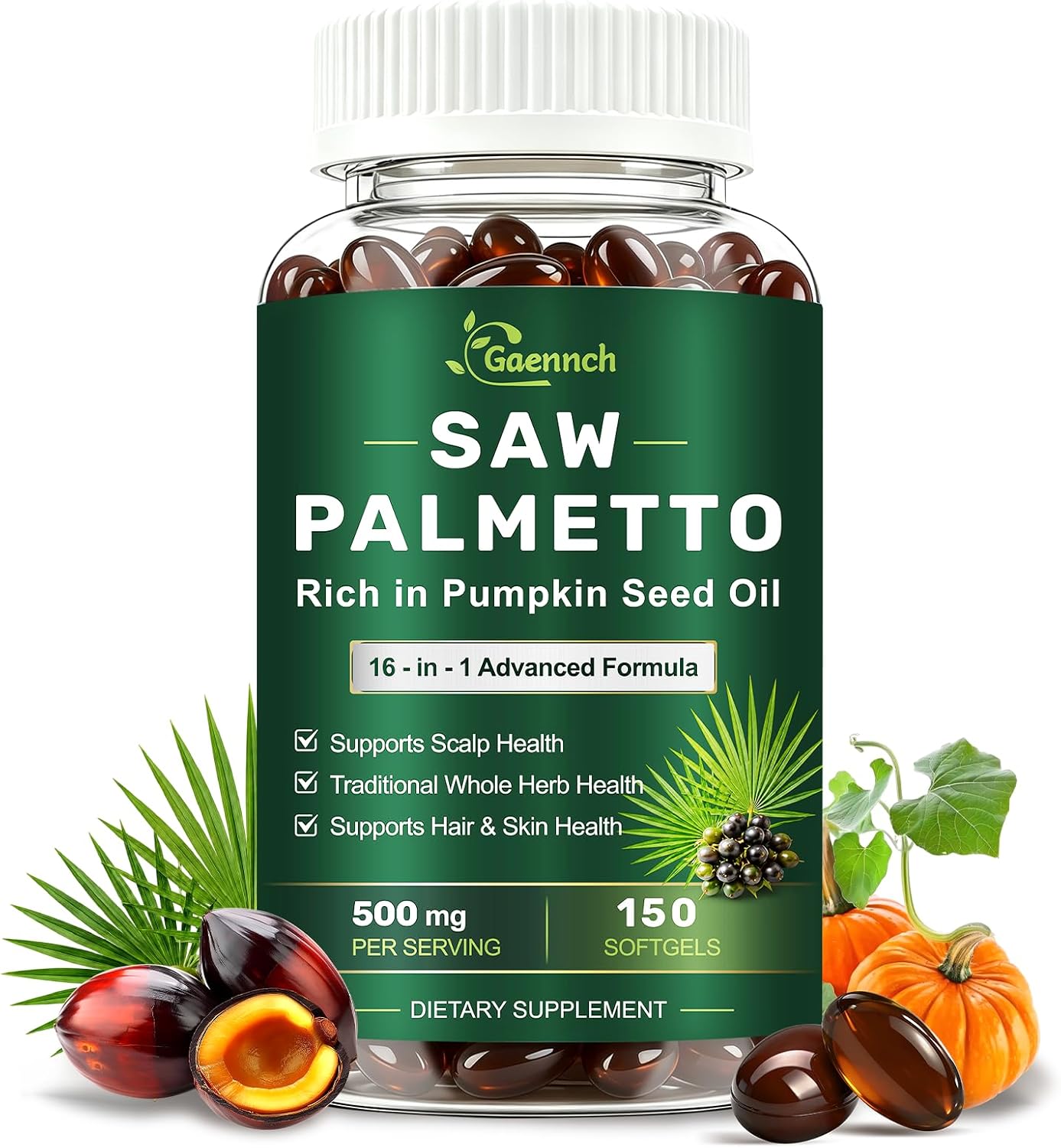 Saw Palmetto for Men with Pumpkin Seed Oil Prostate Health Supplement | 500mg Per Serving | 150 Count | 16 in 1 VitaminD3 B12 E A C, Zinc, Biotin, Iron,| Hair Growth & DHT Blocker for Women Men